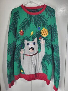 Blizzard Bay SZ M Ugly Christmas Holiday Party Sweater Funny Cat Tree Ornaments